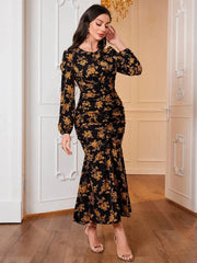 Elegant Black Floral Long Sleeve O-Neck Dress for Women - Winter 2024 Fashion Just Primes