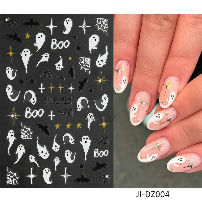 5D embossed Halloween nail stickers with ghost, pumpkin, and skull designs.