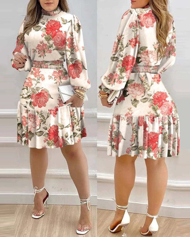 Floral Print Ruffle Dress - Women’s Casual Lantern Sleeve Office Dress Just Primes