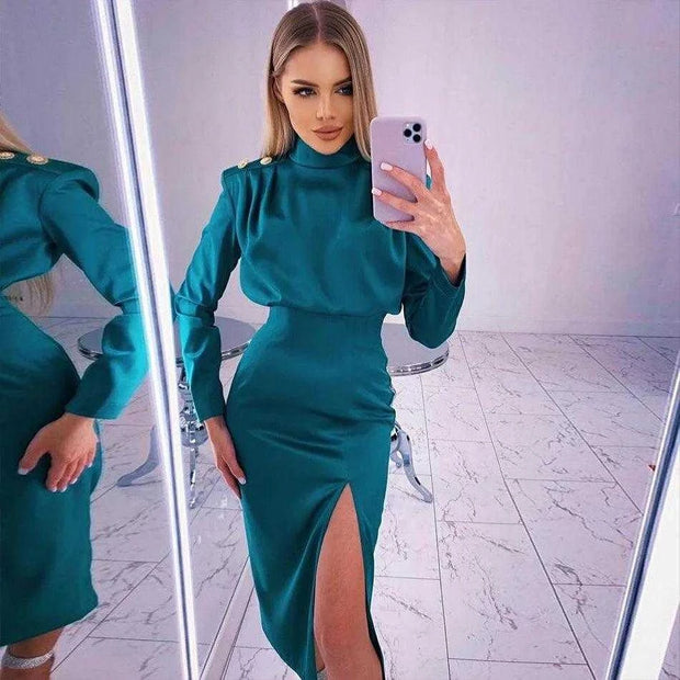 2024 Fashion New Women Stand Collar Midi Bodycon Office Ladies Elegant Long Sleeve Party Dresses Just Primes