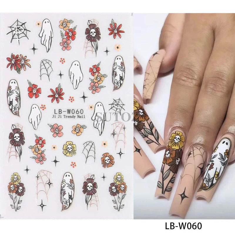 5D embossed Halloween nail stickers featuring ghosts, pumpkins, and skulls.