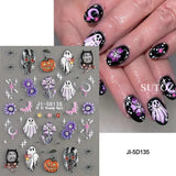 5D embossed Halloween nail stickers with ghost, pumpkin, skull designs.