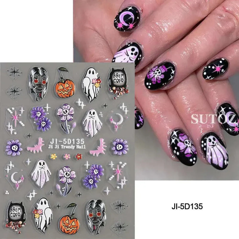 5D embossed Halloween nail stickers with ghost, pumpkin, skull designs.