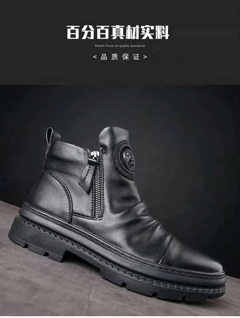 Autumn new high top men shoes British Style Round Head Leather Boots Casual Walking Side Zip shoe Outdoor comfort male Boots