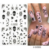 5D embossed Halloween nail stickers with ghost, pumpkin, and skull designs, perfect for spooky nail art.