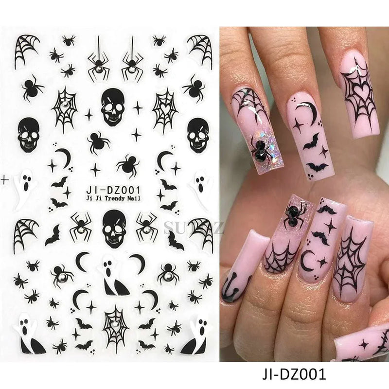 5D embossed Halloween nail stickers with ghost, pumpkin, and skull designs, perfect for spooky nail art.