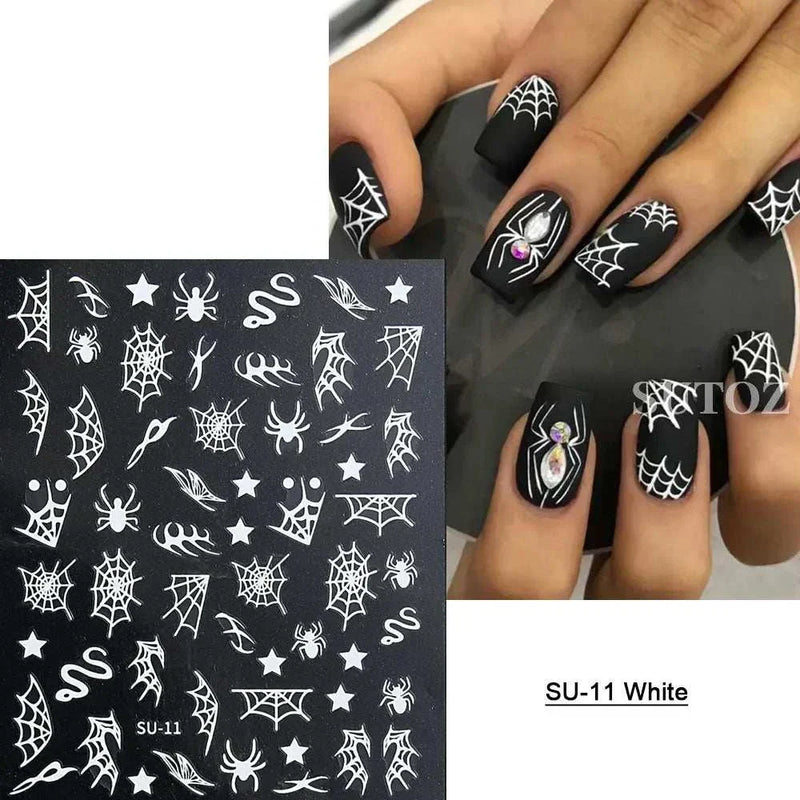 5D embossed Halloween nail stickers with ghost, pumpkin, and skull designs.