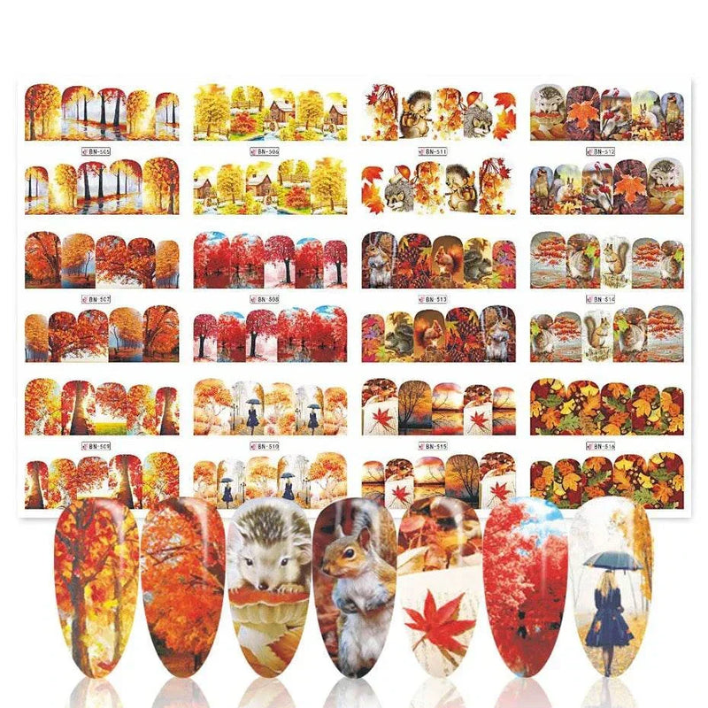 Halloween-themed nail stickers with pumpkin, witch, clown, and skull designs, 12 pieces.