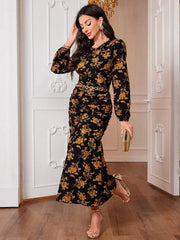 Elegant Black Floral Long Sleeve O-Neck Dress for Women - Winter 2024 Fashion Just Primes