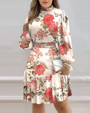 Floral Print Ruffle Dress - Women’s Casual Lantern Sleeve Office Dress Just Primes