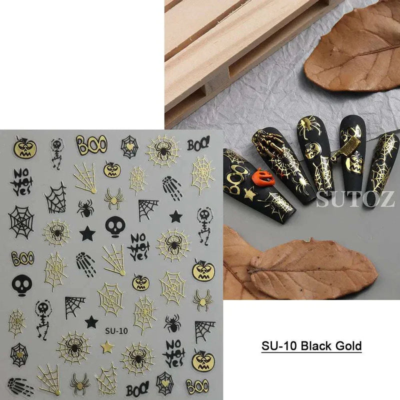 5D embossed Halloween nail stickers with ghost, pumpkin, and skull art designs.