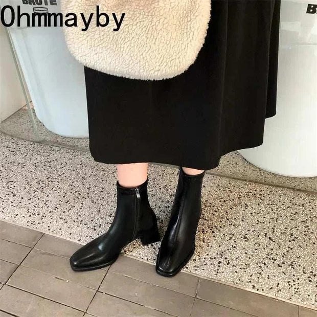 2024 Autumn Winter Design Heel Ankle Boot Fashion Square Toe Zipper Ladies Casual Chelsea Boots Shoes Soft Leather Short Boot