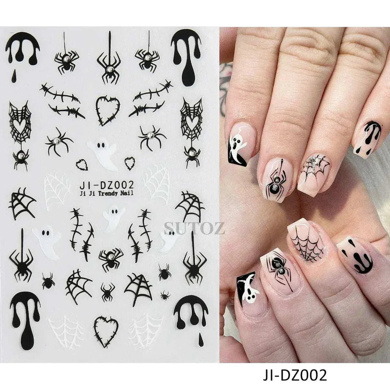 Halloween nails with 5D embossed stickers featuring ghost, pumpkin, and skull art designs.