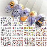 Halloween nail stickers featuring pumpkin, witch, clown, and skull designs, 12 pieces.