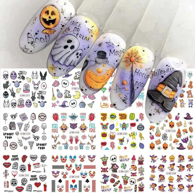 Halloween nail stickers featuring pumpkin, witch, clown, and skull designs, 12 pieces.