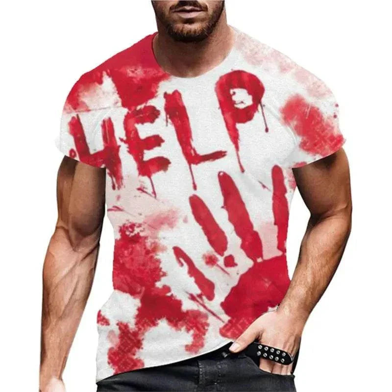 Men's Halloween T-shirt with "Help" blood print design, casual style, polyester material, short sleeves.