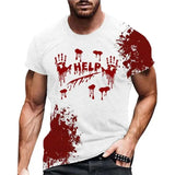 Men's Halloween T-shirt with funny blood print design, short sleeve, casual style.