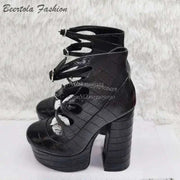 Block Heels - Stone Pattern Heels with Belt & Buckle - Platform Heels, just primes