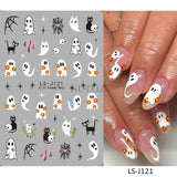 5D embossed Halloween nail stickers with ghost, pumpkin, and skull designs.