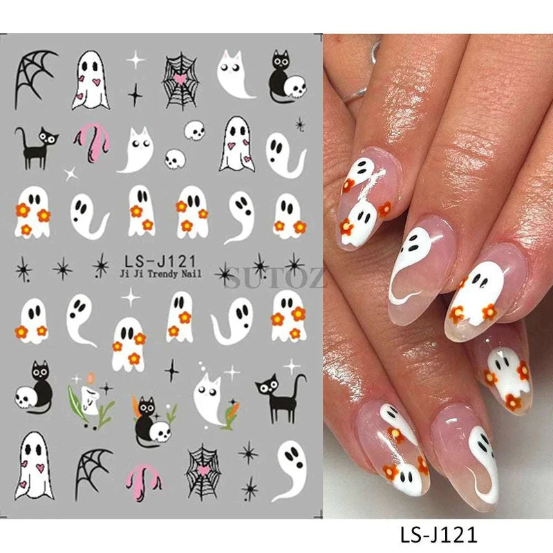 5D embossed Halloween nail stickers with ghost, pumpkin, and skull designs.