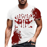 Men’s funny blood Halloween T-shirt with red splatter print, casual style, polyester.