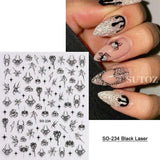 5D embossed Halloween nail stickers with ghost, pumpkin, and skull art designs.