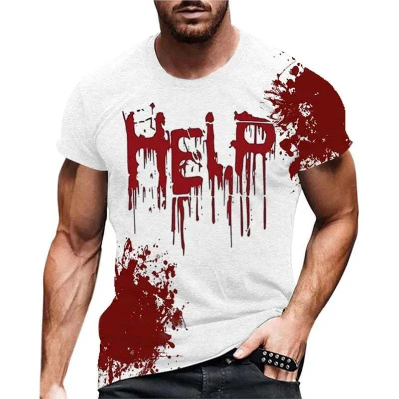 Men's Halloween T-shirt with red blood splatter design and "Help" print, perfect for casual spooky style.