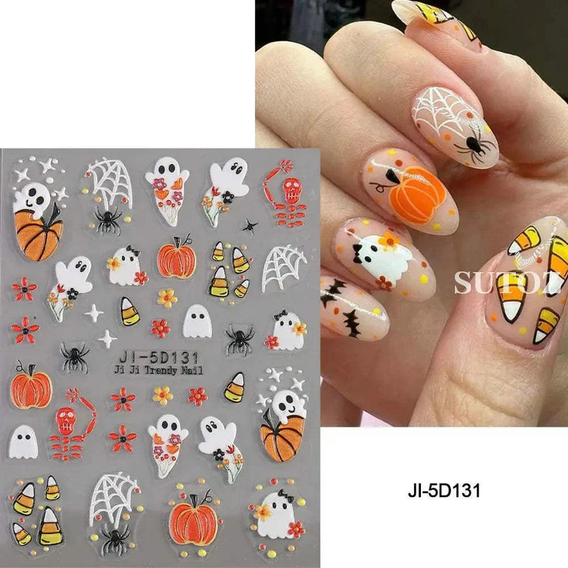 5D embossed Halloween nail stickers featuring ghost, pumpkin, skull, and spider web designs.