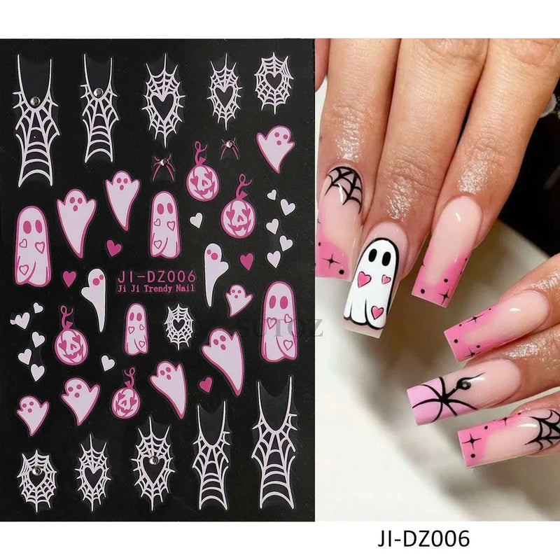 5D embossed Halloween nail stickers with ghost, pumpkin, skull, and spider web designs.