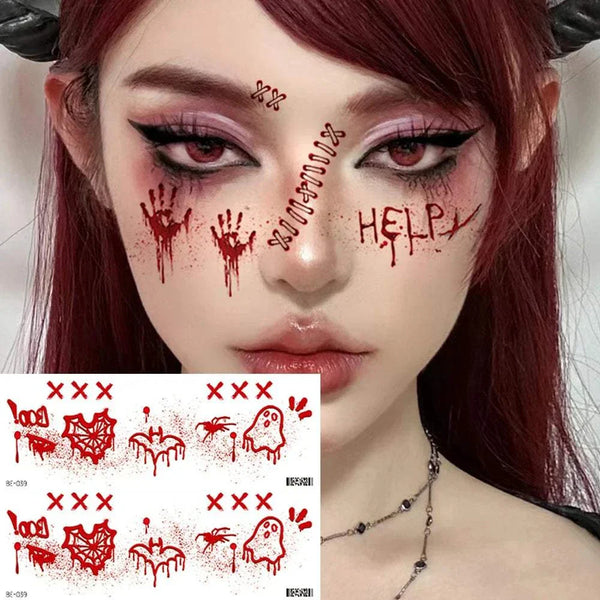 Halloween face tattoos with realistic horror bloody designs, waterproof for festive looks.