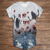 Vintage letter print women's Halloween shirt with horror-themed graphics.