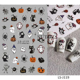 5D embossed Halloween nail stickers with ghost, pumpkin, and skull art.