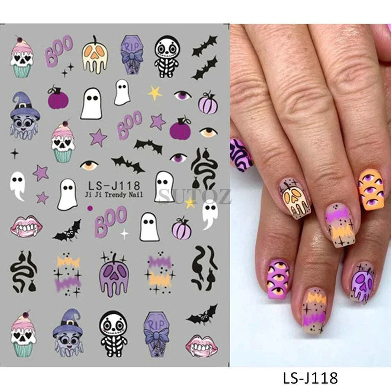 5D embossed Halloween nail stickers with ghost, pumpkin, and skull art.