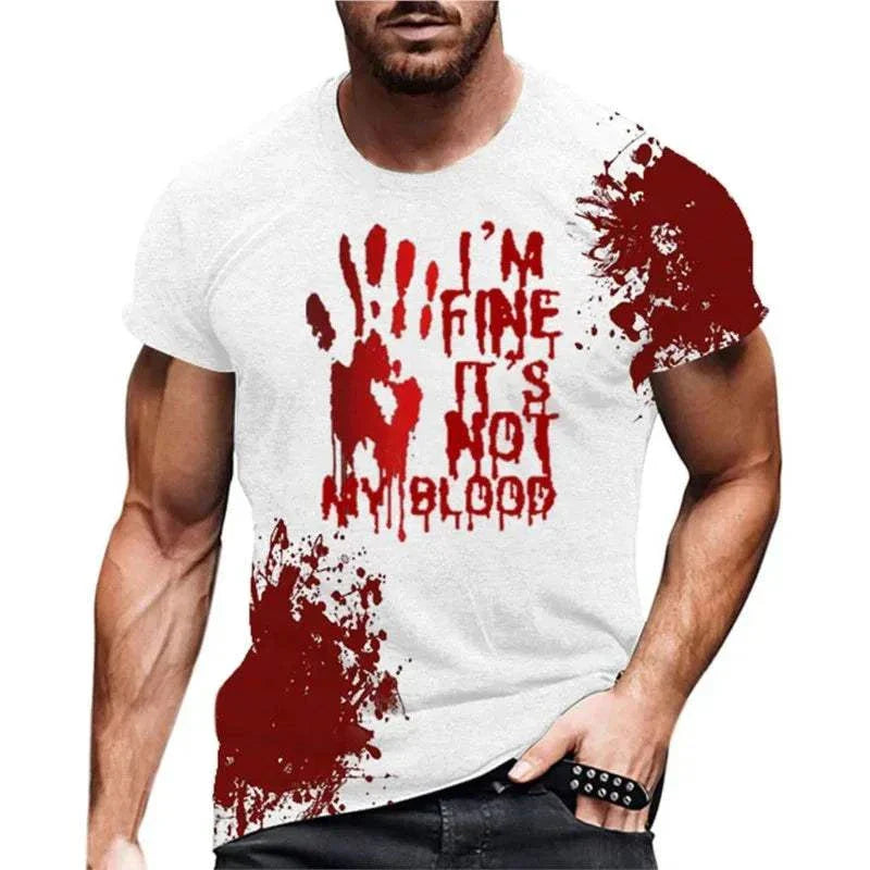 Halloween shirts 2024 "I'm Fine" bloody print T-shirt, casual short-sleeve top for men.