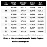 Size chart for Halloween shirts, available in sizes S to 5XL, showing measurements for length, shoulder, sleeve, and bust in cm/inch. 100% polyester material.