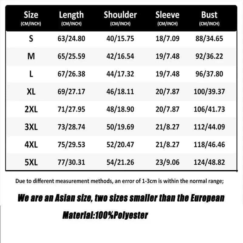 Size chart for Halloween shirts, available in sizes S to 5XL, showing measurements for length, shoulder, sleeve, and bust in cm/inch. 100% polyester material.