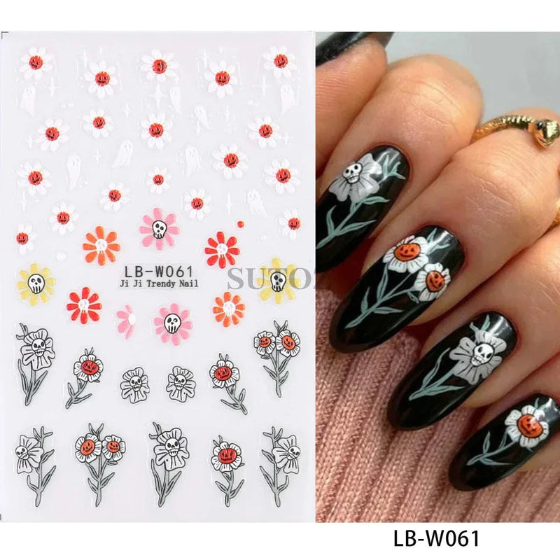 5D embossed Halloween nail stickers with ghost, pumpkin, and skull art.