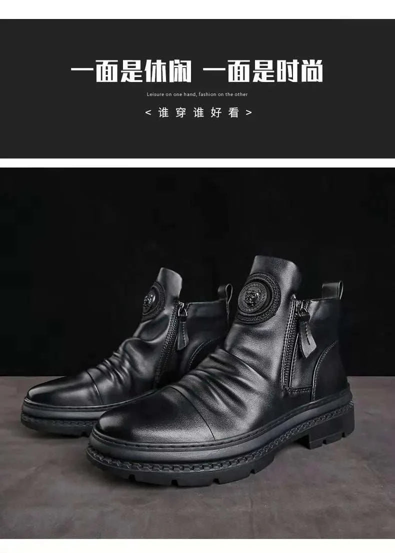 Autumn new high top men shoes British Style Round Head Leather Boots Casual Walking Side Zip shoe Outdoor comfort male Boots