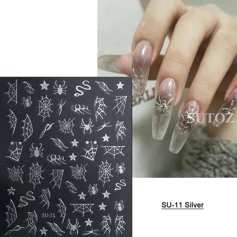 5D embossed Halloween nail stickers with ghost, pumpkin, skull designs; perfect for spooky nail art.