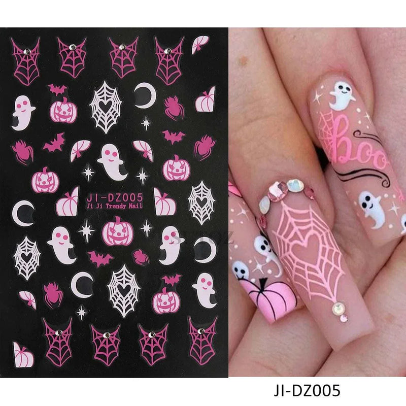 Halloween nails 5D embossed stickers with ghost, pumpkin, skull designs.