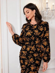 Elegant Black Floral Long Sleeve O-Neck Dress for Women - Winter 2024 Fashion Just Primes