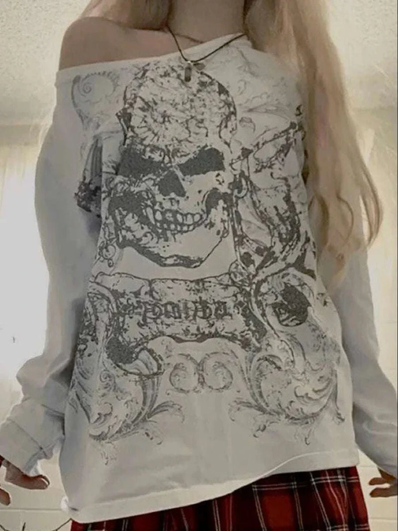 Skull print off-shoulder women's Halloween shirt with casual style.