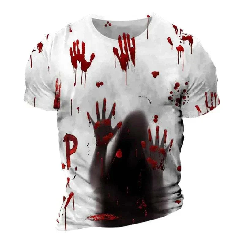 Funny Halloween T-shirt with blood handprint design, "I'm Fine" print, perfect for spooky season.