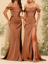 Bridesmaid Dresses | Satin Spaghetti Straps High Slit Evening Dress