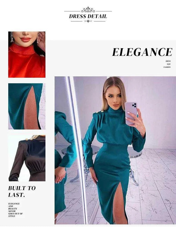 2024 Fashion New Women Stand Collar Midi Bodycon Office Ladies Elegant Long Sleeve Party Dresses Just Primes