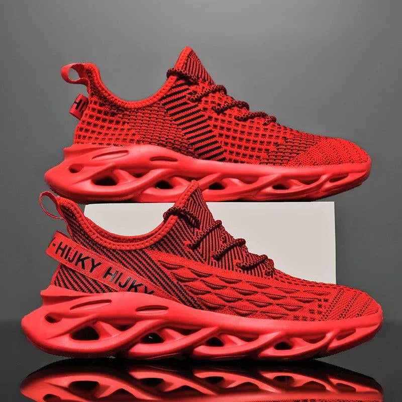 Men's breathable mesh sneakers in vibrant red, featuring a lace-up closure, solid pattern, and TPU outsole; suitable for casual wear and running.