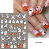 5D embossed Halloween nail stickers with ghost, pumpkin, and skull designs.