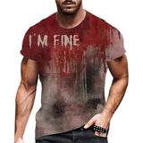 Men's funny blood-themed Halloween T-shirt with "I'm Fine" print, short sleeves, casual style, polyester fabric.