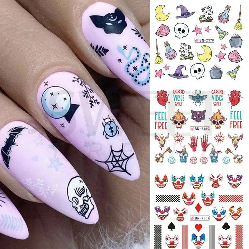 Halloween Nail Designs | 12pcs Pumpkin Witch Clown Skull Nail Stickers