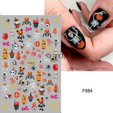 5D embossed Halloween nail stickers with ghost, pumpkin, and skull designs.